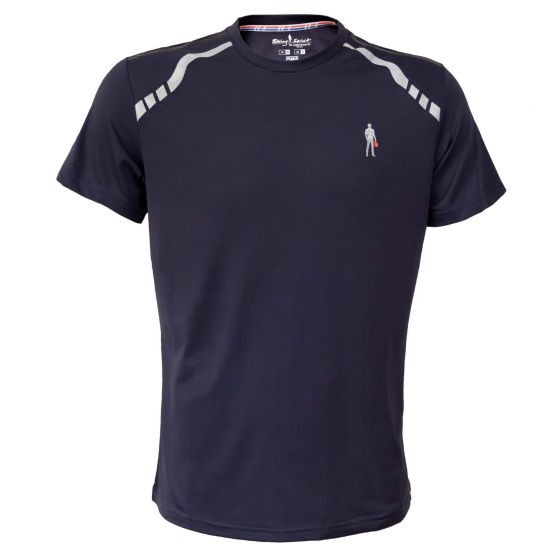 Navy blue OMP Racing Spirit ADV Tecno Pique T-Shirt in size M, featuring a lightweight material, short sleeves, and subtle grey detailing on the shoulders.