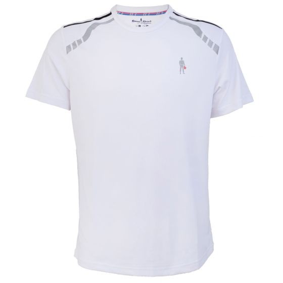 White short-sleeve T-shirt made of pique material, featuring grey shoulder stripes and a subtle graphic of a racing figure on the chest.