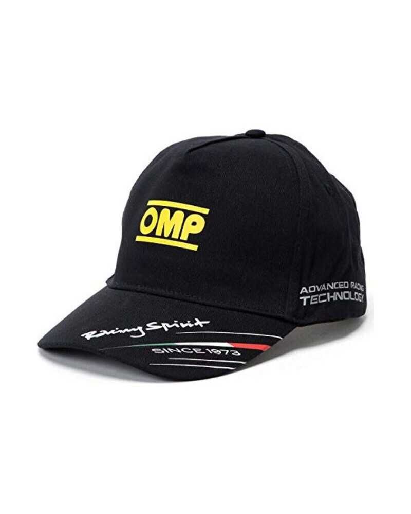 Black baseball cap featuring the OMP logo in yellow, with "Racing Spirit" and "Advanced Racing Technology" text in white and red on the side, made from durable fabric.
