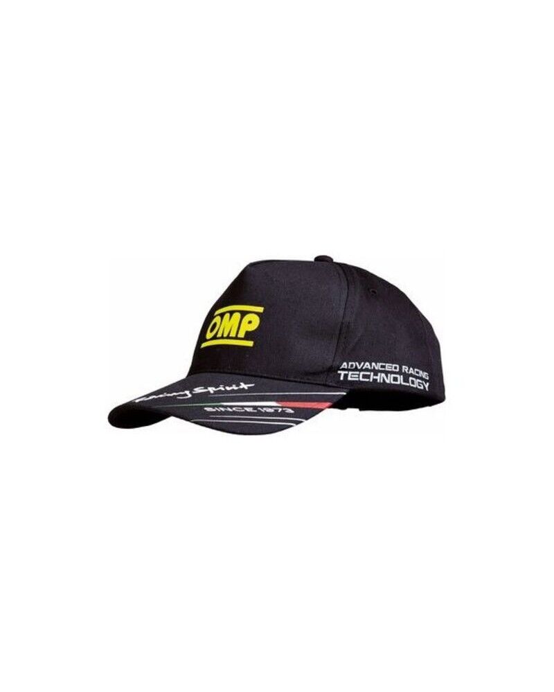 Black baseball cap for children featuring a yellow OMP logo on the front, with "Advanced Racing Technology" text and a colorful stripe detail on the visor.