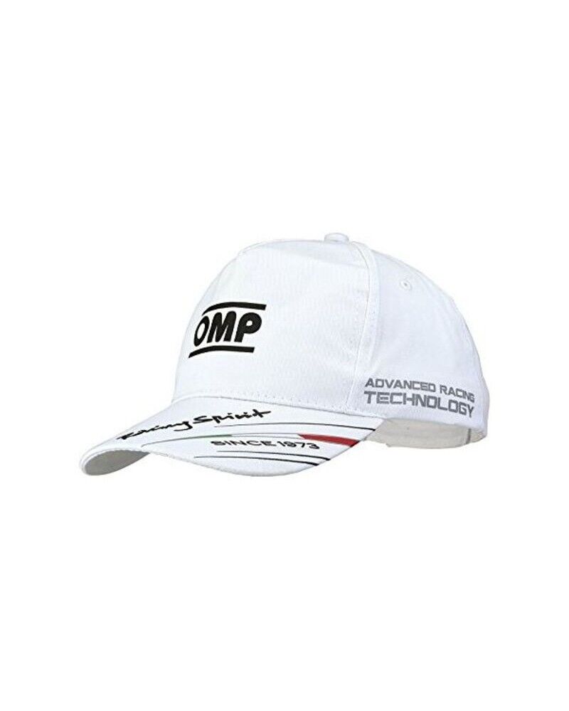 White baseball cap featuring "OMP" logo on the front, "ADVANCED RACING TECHNOLOGY" text on the side, and red and black detailing on the brim.