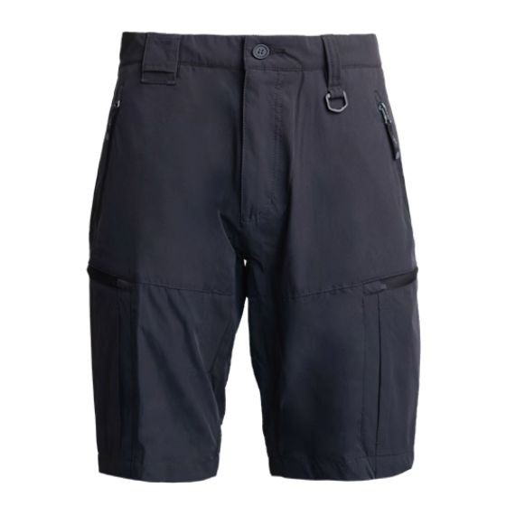 Grey cargo shorts made from lightweight material, featuring multiple pockets, adjustable waist, and a sleek design for a sporty look.