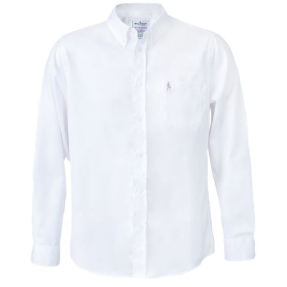 White long sleeve shirt with a button-down collar, featuring a small logo on the chest pocket, made from a lightweight, breathable fabric, size XXL.