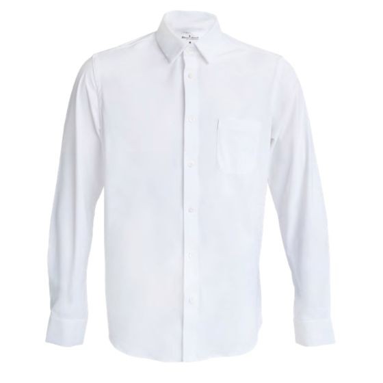White long sleeve shirt made of Lycra stretch material, featuring a classic collar, button-down front, and a single chest pocket, available in XXL size.