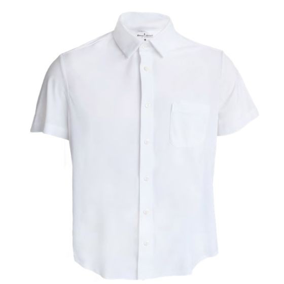 White short sleeve shirt made of Lycra stretch material, featuring a classic collar, front buttons, and a single chest pocket, designed for comfort and style.