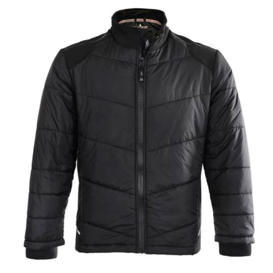 Black quilted jacket featuring a high collar, zip closure, and contrasting shoulder panels, made from lightweight, insulated material for warmth and comfort.