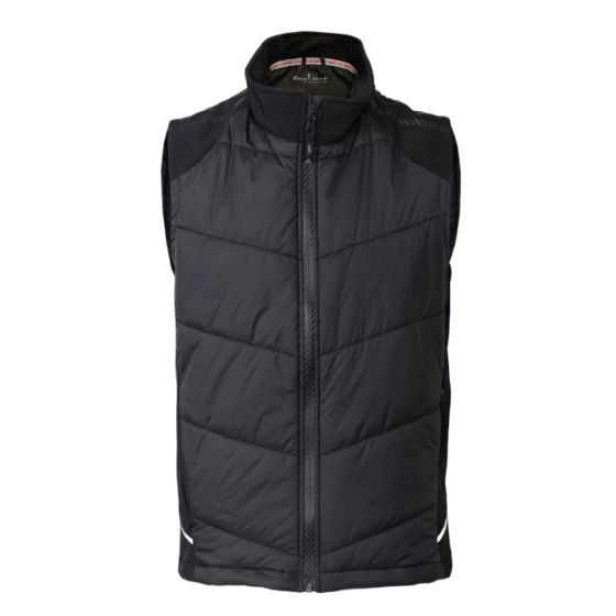 Black quilted vest with a high collar, sleeveless design, and a front zipper, featuring a sporty look ideal for racing enthusiasts.