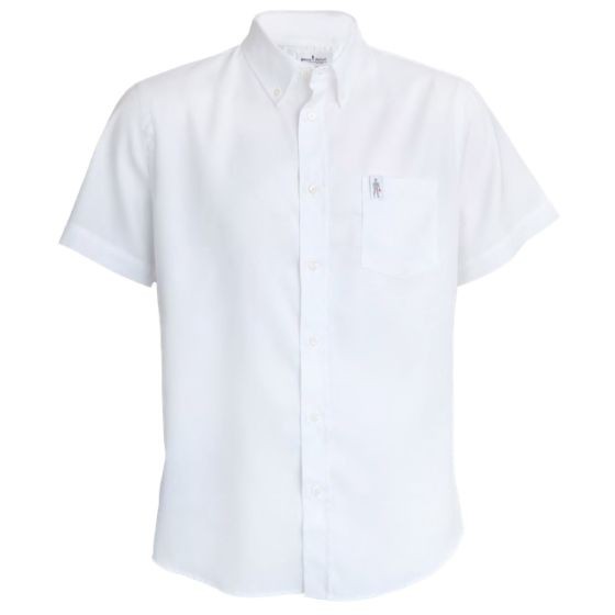 White short sleeve shirt made of lightweight fabric, featuring a button-down collar and a small chest pocket with the OMP logo, designed for comfort and style in XXL size.