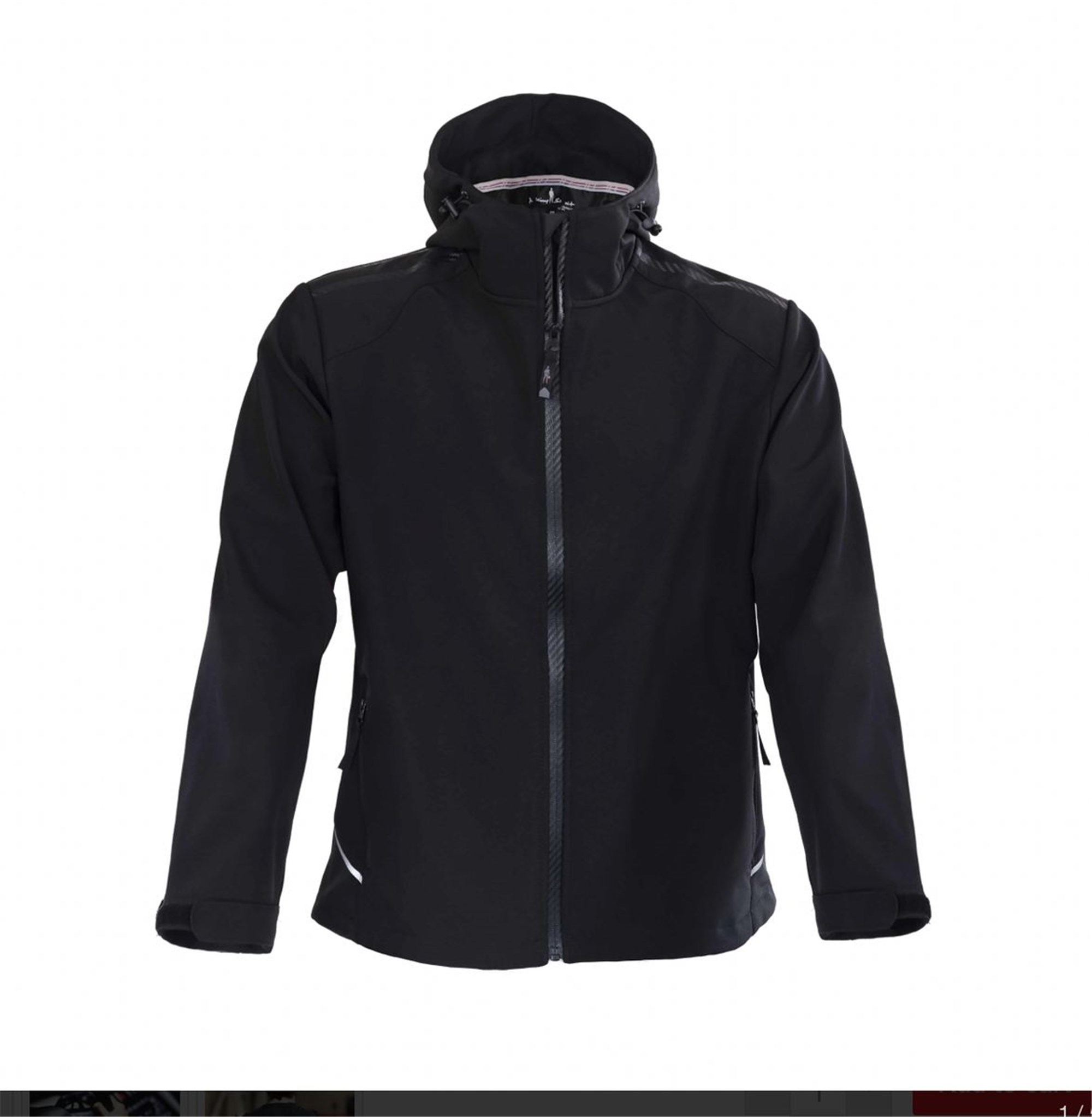 Black soft shell heavy jacket by OMP Racing, featuring a full zip front, adjustable hood, and zippered side pockets, designed for comfort and durability in outdoor conditions.