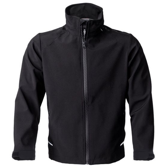 Black soft shell light hoodie by OMP Racing, featuring a high collar, zip front, and sleek design with subtle reflective details on the cuffs and hem.