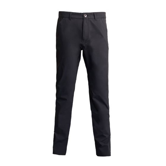 Black chino trousers made from lightweight fabric, featuring a slim fit, belt loops, and a single button closure at the waist, ideal for summer wear.