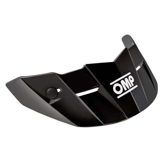 Black plastic replacement peak for OMP Star and Star Intercom helmets, featuring a sleek design with ventilation slots and an OMP logo on the front.
