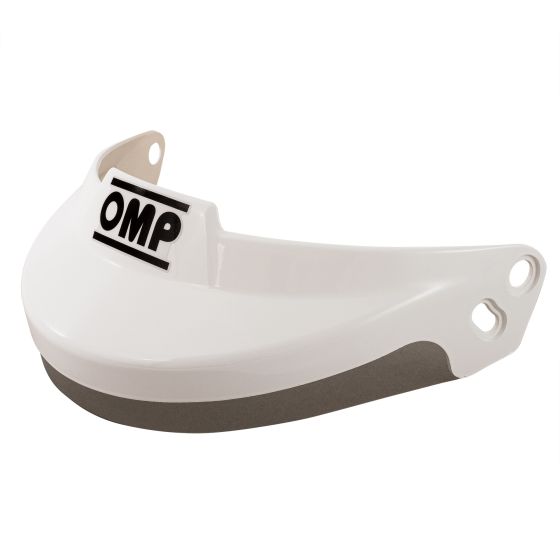 White OMP replacement peak for J-R helmet, featuring a smooth surface, a black logo on the front, and grey underside with mounting holes for secure attachment.