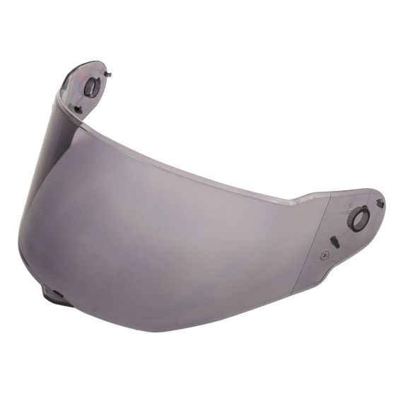 Dark smoke replacement visor for OMP Circuit Evo 2 helmet, featuring a sleek, curved design with mounting points on the sides for secure attachment.