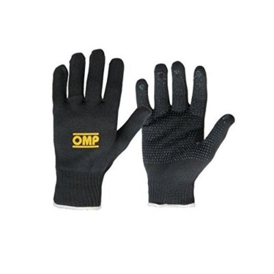 Grey OMP Short Tech Mechanics Gloves in size L/XL, featuring a textured grip, breathable material, and a prominent yellow OMP logo on the back.