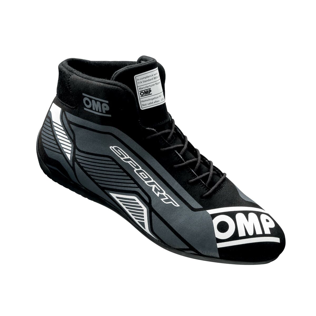 Black and white OMP Sport race boots, size UK 10.5 / EUR 45, featuring a sleek design with a high-top silhouette and textured material for enhanced grip and support.