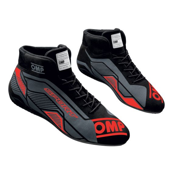 Black and red OMP Sport Race Boots, size UK 5.5 / EUR 39, featuring a sleek design with a high-top silhouette, lace-up front, and prominent OMP branding.