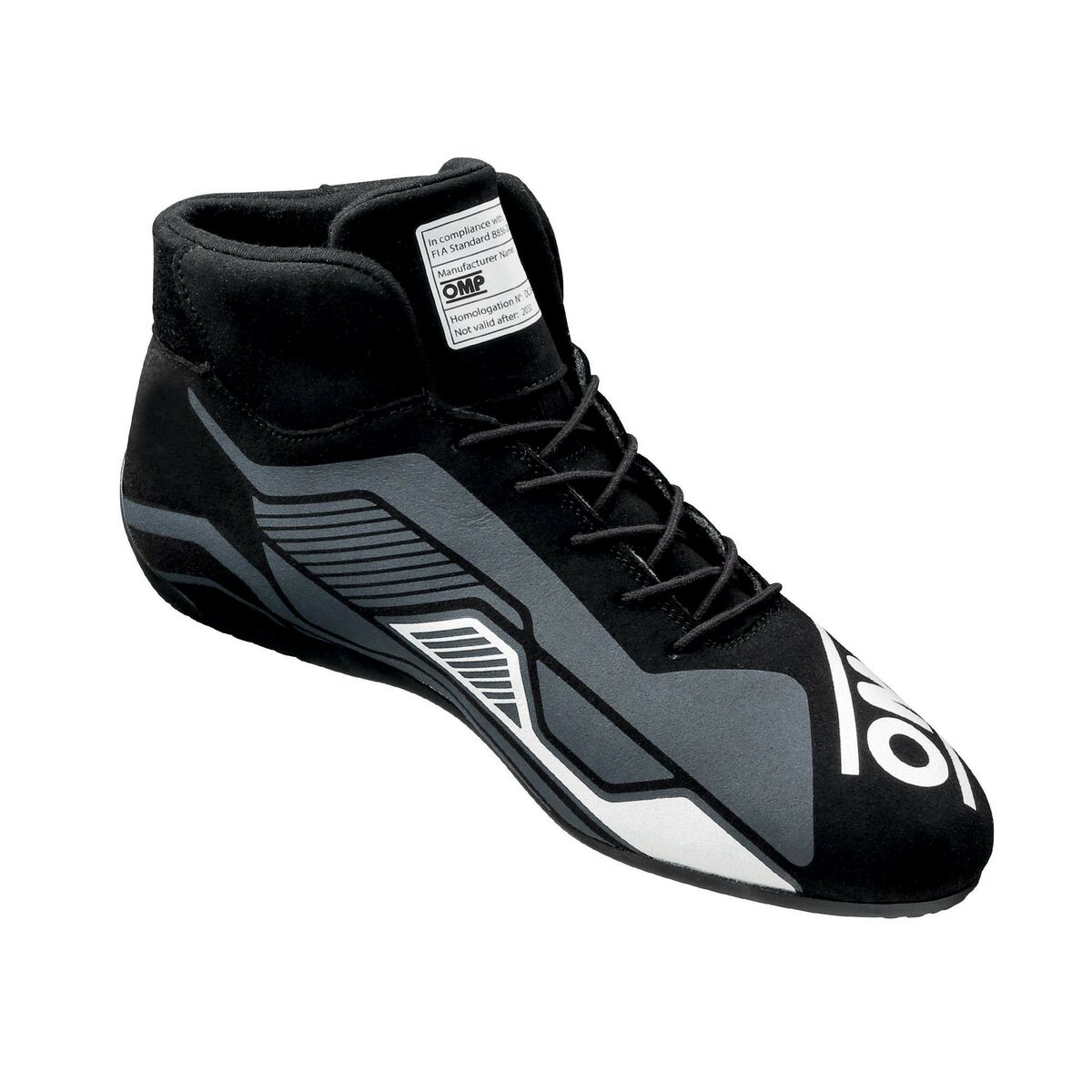 Black and white OMP Sport Race Boots in UK size 8 / EUR 42, featuring a sleek design, suede material, and prominent branding on the side.