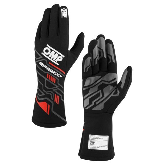 Black and red OMP Sport Race Gloves in size S, featuring a sleek design with rubberized grip patterns and reinforced cuffs for enhanced performance and comfort.