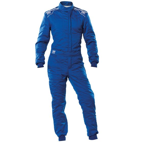 Blue OMP Sport Race Suit in size L, featuring a quilted design, long sleeves, a high collar, and contrasting white stitching along the shoulders and sleeves.