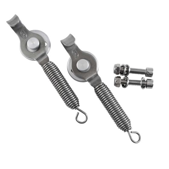 Stainless steel spring clips in silver with a coiled design, featuring circular ends and accompanying screws for installation.