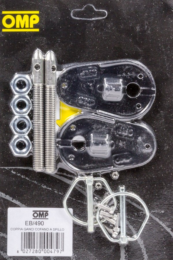 Stainless steel bonnet pin kit with silver cast alloy washers, featuring two pins, two plates, and four nuts, packaged with a branded label on a black background.