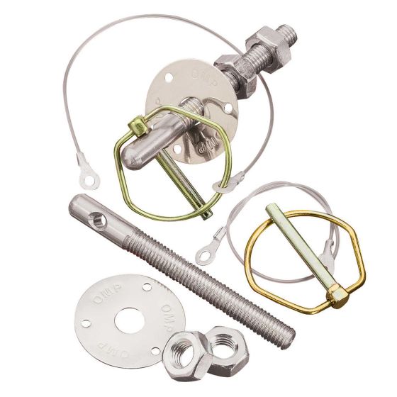 Stainless steel bonnet pins kit in silver, featuring a variety of components including pins, washers, nuts, and safety wires, designed for secure fastening.