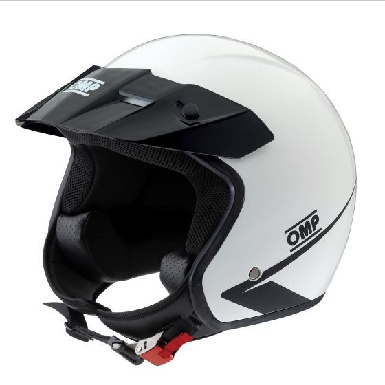 White OMP Star Helmet in size M features a sleek design with a black visor, ventilation openings, and a secure chin strap, ideal for motorsport safety.