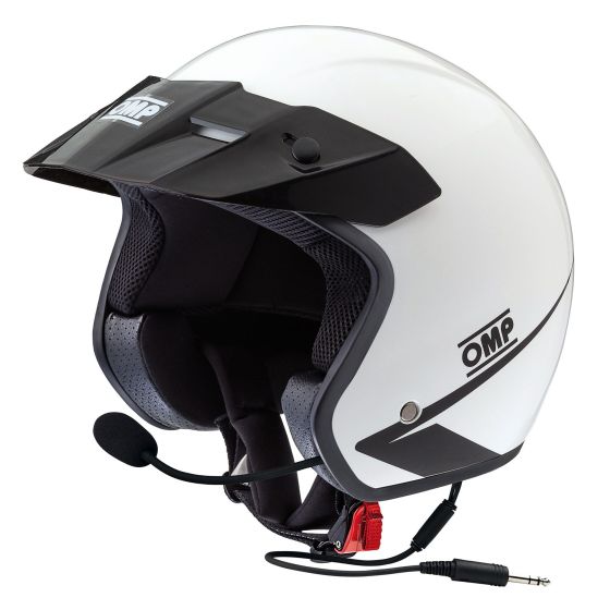 White OMP Star J Intercom Helmet in XXL, featuring a black visor, padded interior, and integrated microphone with a jack for communication.