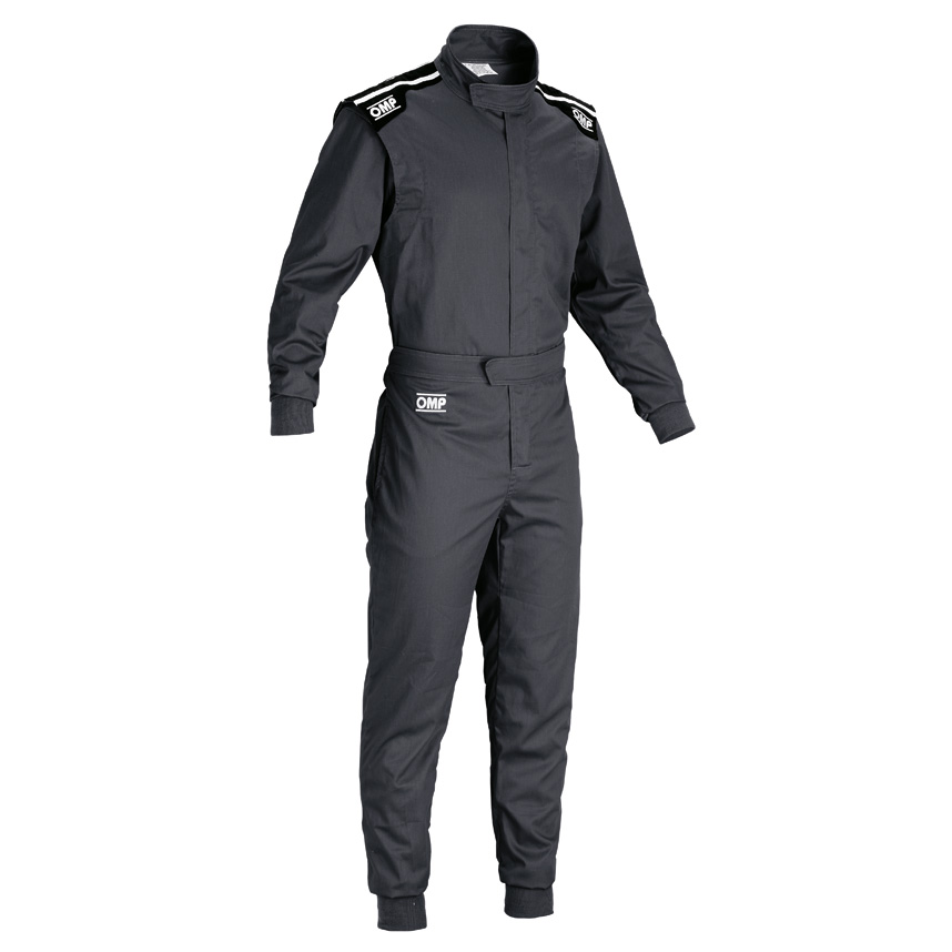 Black OMP Summer-K Kart Suit in size S, featuring a zip front, adjustable waist, and shoulder epaulets with OMP branding.