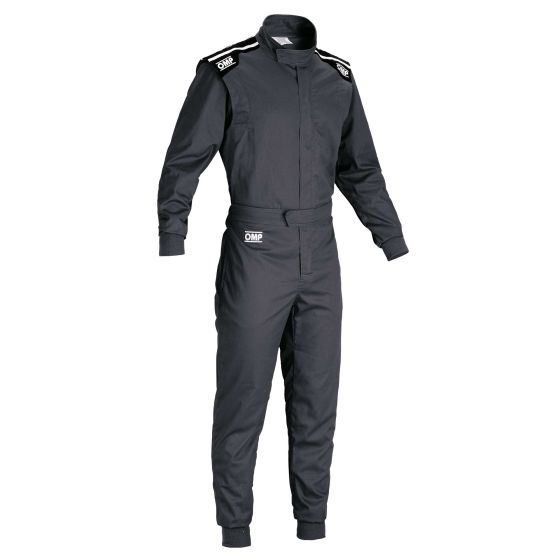 Black OMP Summer-K Kart Suit in size XL, featuring a zip front, long sleeves, and shoulder patches with the OMP logo, designed for comfort and performance in karting.