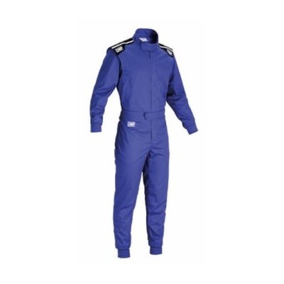 Blue OMP Summer-K Kart Suit in size 120cm, featuring a zip front, high collar, and shoulder patches, made from lightweight, breathable material for comfort and performance.