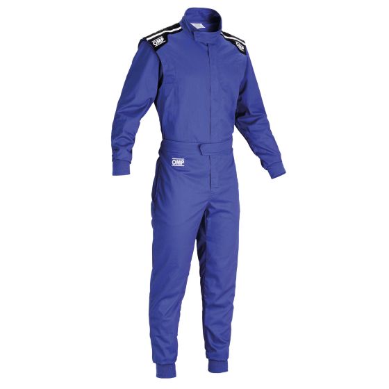 Blue OMP Summer-K Kart Suit in size XXL, featuring a zip-up front, long sleeves, and black shoulder patches for added style and safety.