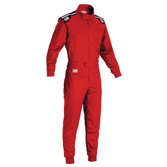 Red OMP Summer-K Kart Suit in size 120cm, featuring a zip-up front, long sleeves, and black shoulder accents with OMP branding.