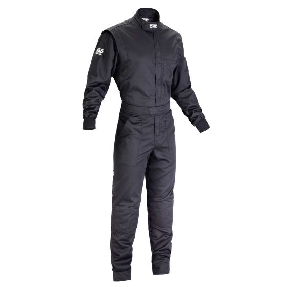 Black summer mechanics overalls by OMP in size 48, featuring a sleek design with long sleeves, elastic cuffs, and a fitted waist for comfort and mobility.