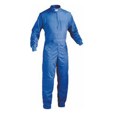 Blue OMP Summer Mechanics Overalls in size 46, featuring a zip front, long sleeves, and a belt, made from lightweight, durable material suitable for warm weather.