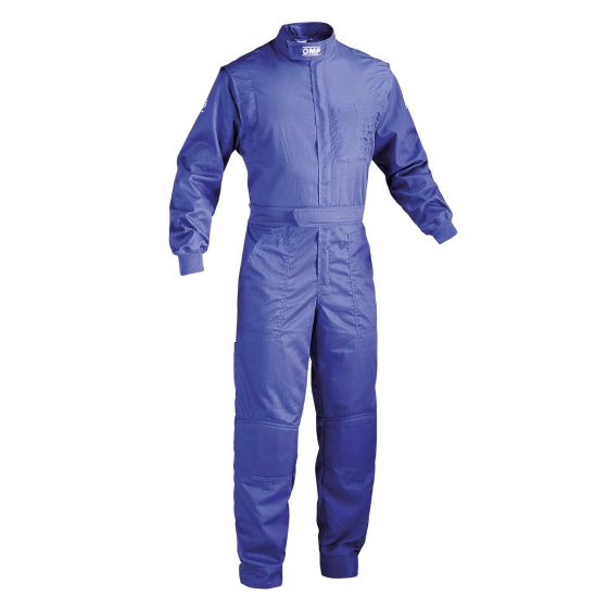 Blue OMP Summer Mechanics Overalls in size 50, featuring long sleeves, a zip front, and a fitted waist, made from lightweight, breathable material.