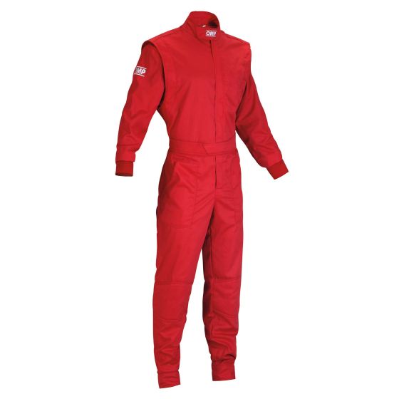 Red summer mechanics overalls by OMP, size 46, featuring a high collar, long sleeves, and elastic cuffs, made from lightweight, durable material suitable for warm weather.