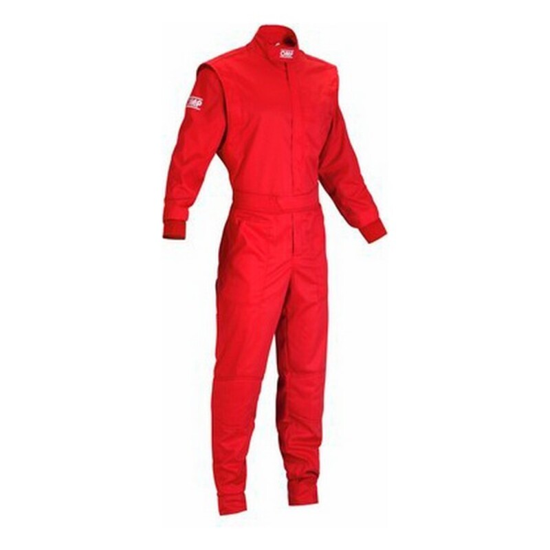 Red OMP Summer Mechanics Overalls in size 64, featuring a high collar, long sleeves, and elastic cuffs, made from durable fabric ideal for warm weather.