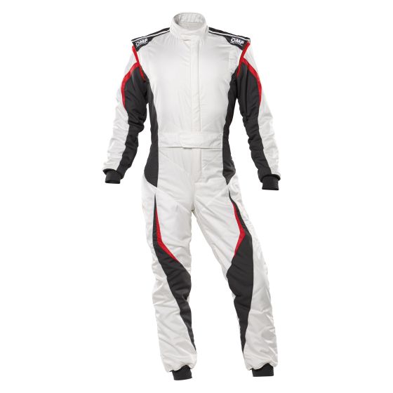 White race suit with anthracite and red accents, featuring a zip front, high collar, and reinforced stitching, designed for optimal performance in motorsports. Size 52.