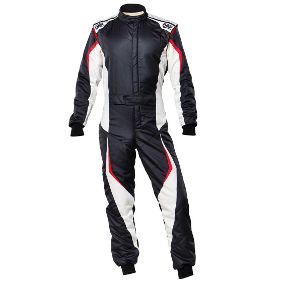 Black and white OMP Tecnica Evo Race Suit in size 54, featuring a sleek design with red accents, made from durable material, suitable for motorsport use.