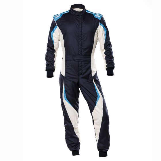 Navy blue, white, and cyan racing suit with a sleek design, featuring a zip front, ribbed cuffs, and OMP branding on the shoulders, size 58.