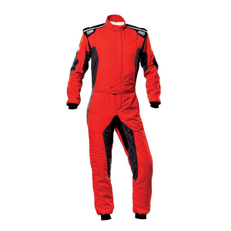 Red and black OMP Racing Tecnica Hybrid Suit, size 56, featuring a sleek design, padded shoulders, and black accents on the sleeves and legs, made from durable racing material.