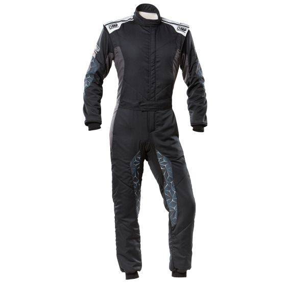 Black and silver OMP Tecnica Hybrid Race Suit featuring a sleek design, quilted material, and geometric patterns on the sides, ideal for motorsport enthusiasts.