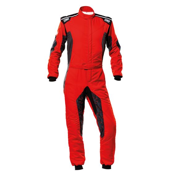 Red and black OMP Tecnica Hybrid Race Suit featuring a sleek design, quilted panels, and adjustable cuffs, made from lightweight, breathable material for optimal performance.