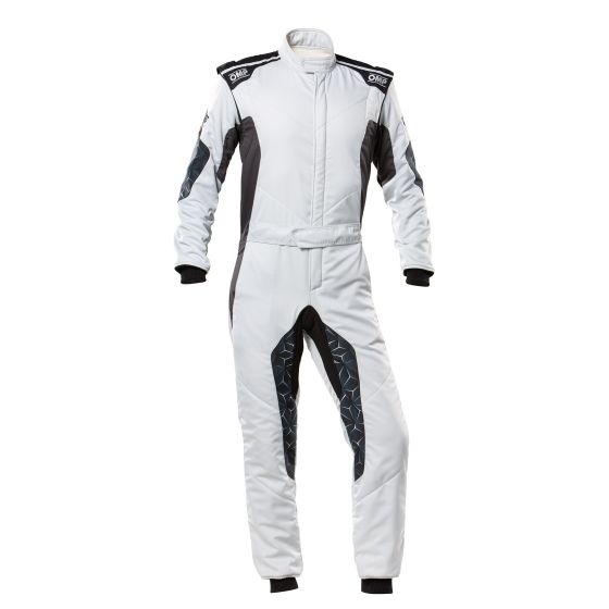 White racing suit with black and gray accents, featuring a zippered front, breathable fabric, and reinforced stitching for durability, designed for auto racing performance.