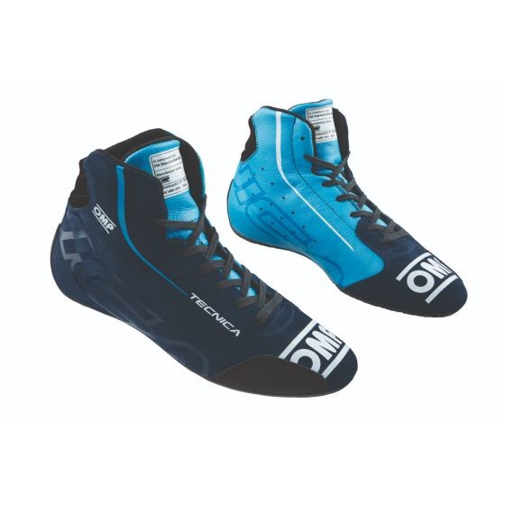Navy blue and cyan racing boots with a sleek design, featuring a high-top silhouette, reinforced toe, and OMP branding on the sides, size UK 8 / EUR 42.