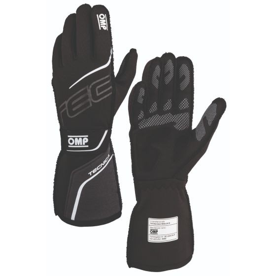 Black and anthracite racing gloves with reinforced grip, padded knuckles, and a snug fit, featuring the OMP logo and textured palm for enhanced control. Size S.