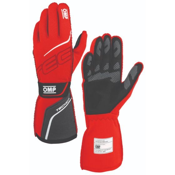Red and black OMP Tecnica Race Gloves in size L, featuring a sleek design, reinforced grip on palms, and a comfortable, snug fit with a protective cuff.