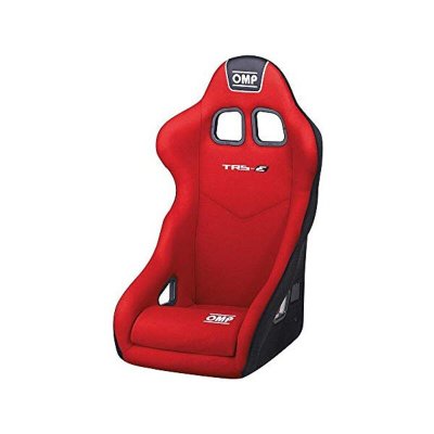 Red velour OMP TRS-E steel frame racing seat featuring a high back design, two cut-out head holes, and black side accents for added support and style.